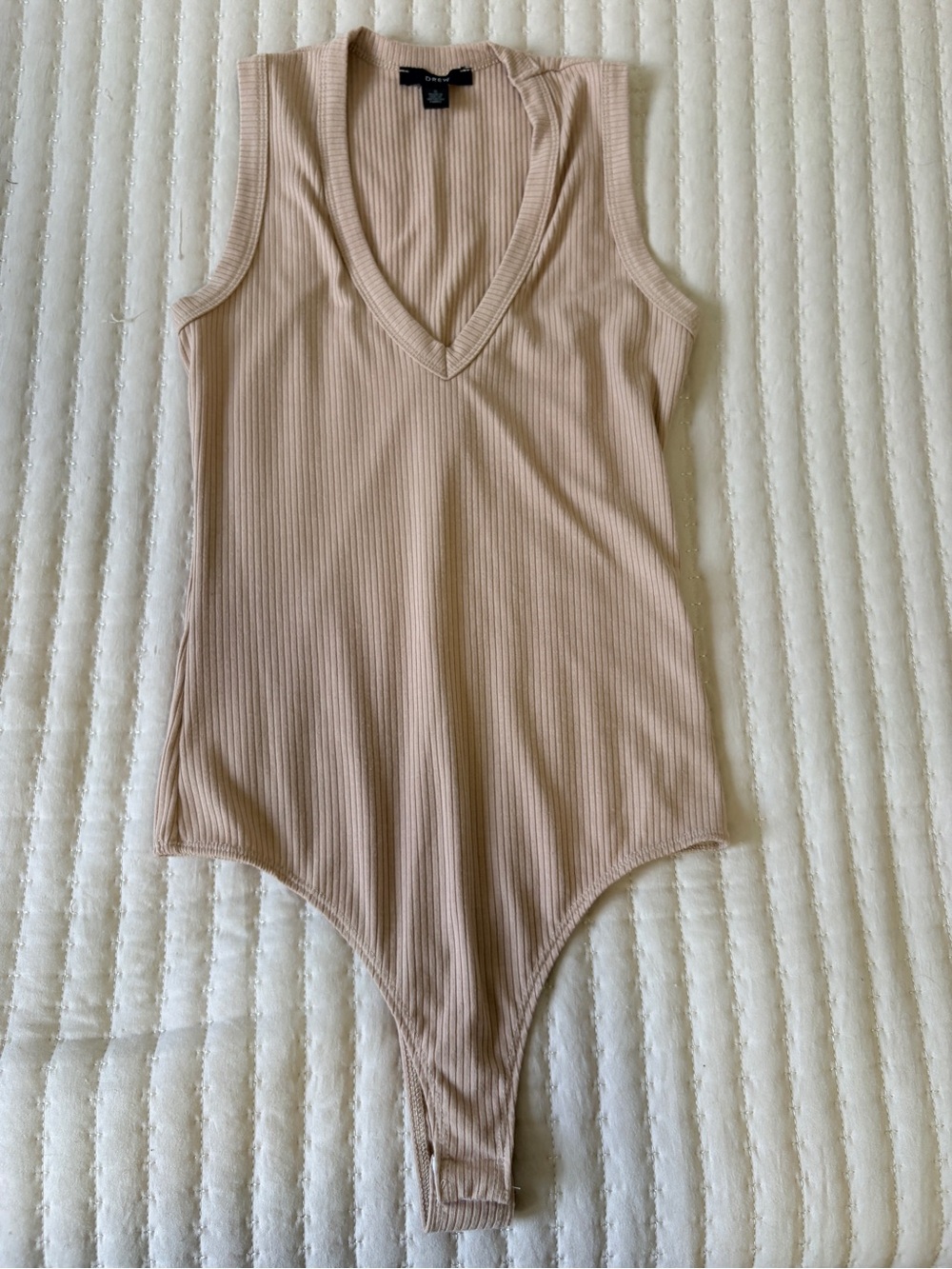 Beige Ribbed V Neck Bodysuit / Tan Sleeveless High Cut Thong / Size M NWOT